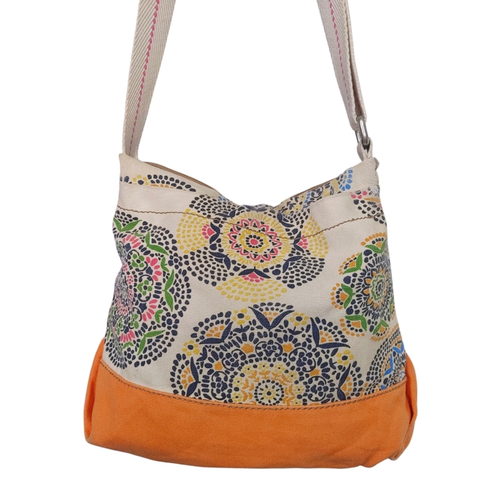 Canvas Floral Print Crossbody Bag in Beige and Orange - Picture 2 of 11